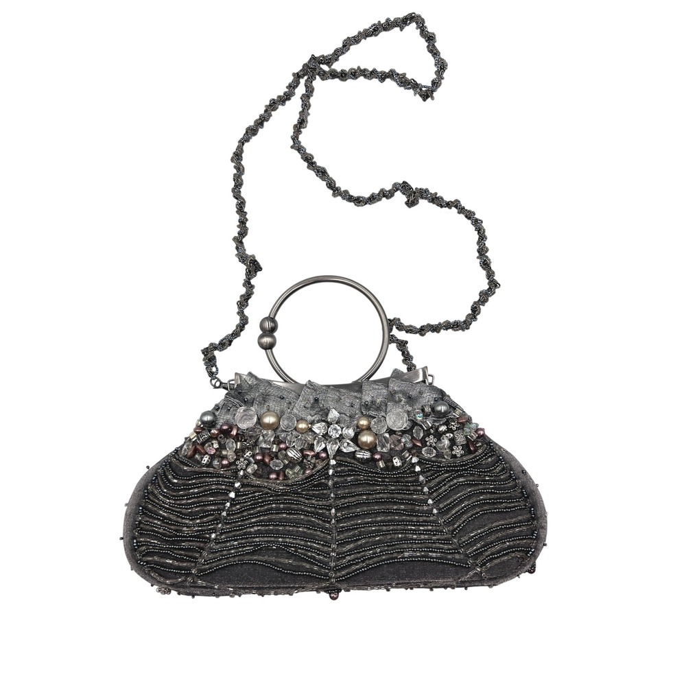 Mary Frances Beaded Evening Clutch Women Grey Excellent Pearl Crystal Formal